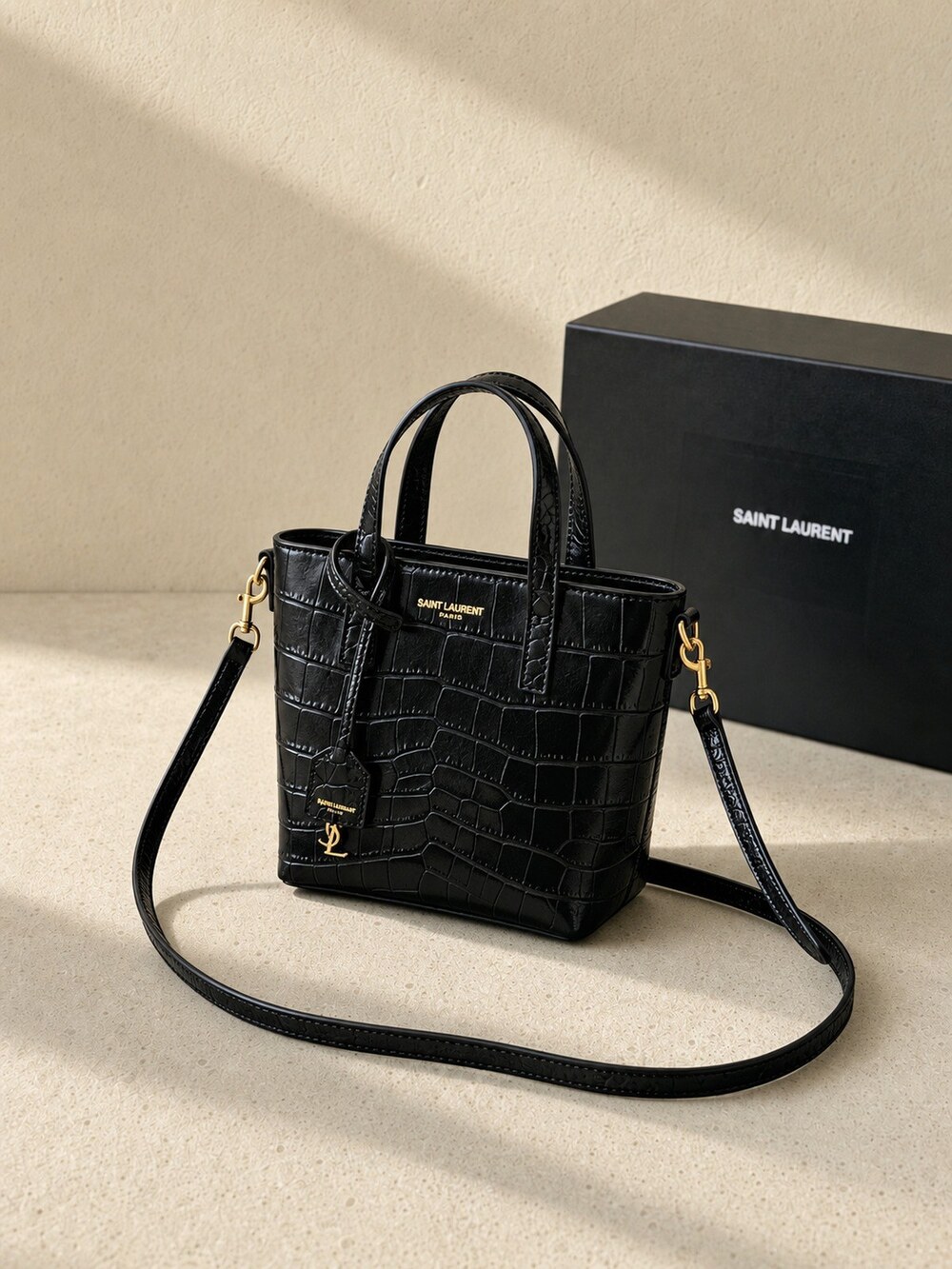 Yves Saint Laurent Mini Carryall in Glossy Black Embossed Calfskin - Picture 5 of 6